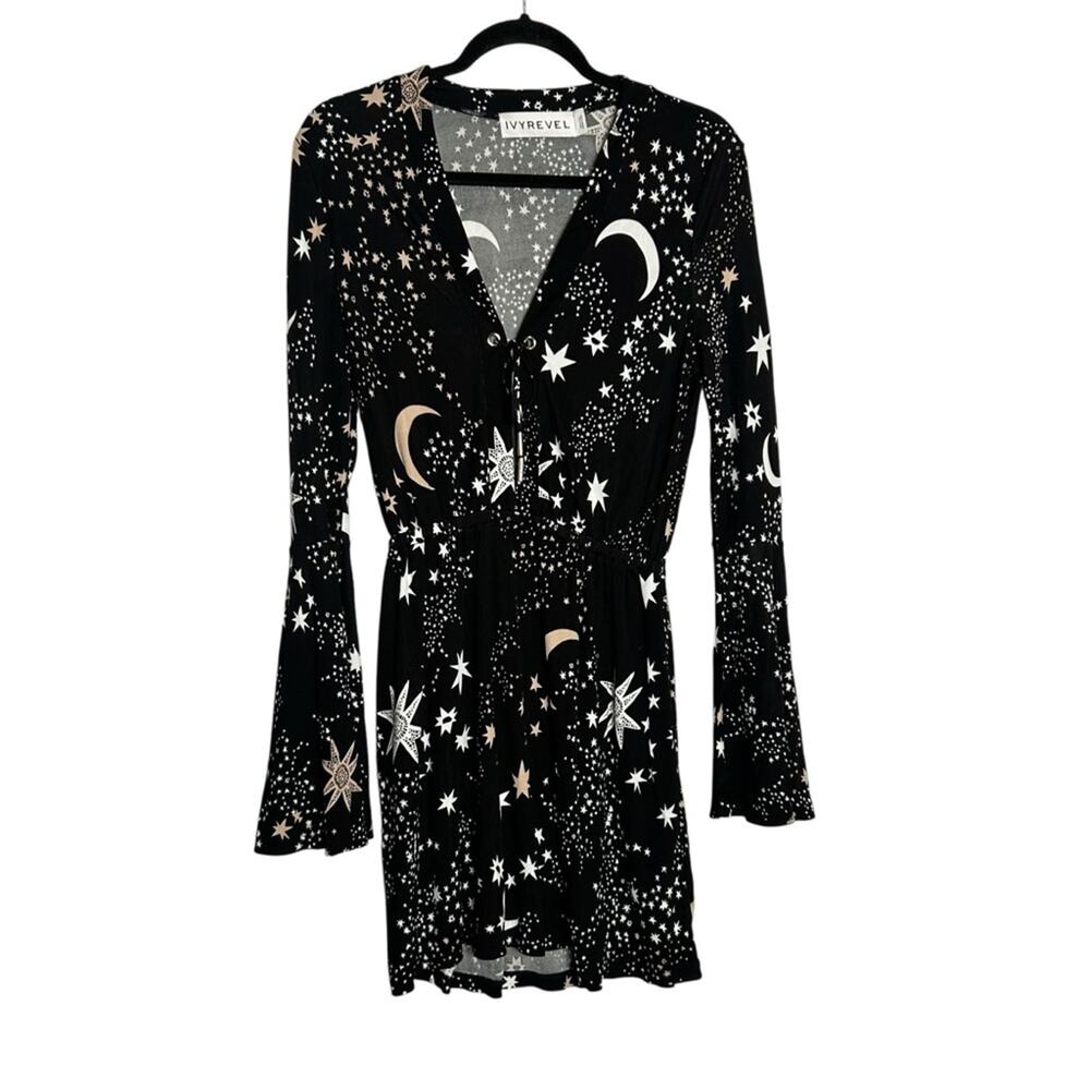 Ivyrevel Moon & Star Galaxy Space Galactic Print Bell Sleeve Deep V Mini Dress M